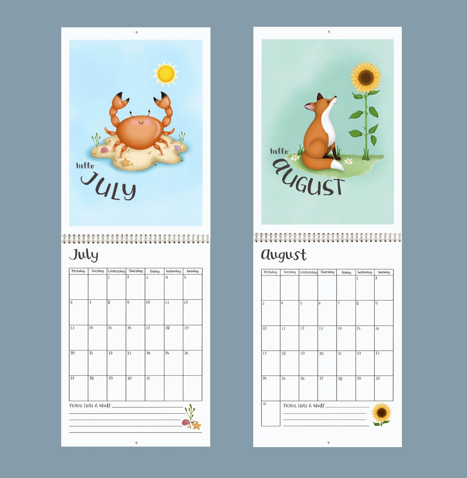Two 2026 calendar pages for July and August with animal illustrations on a blue background.