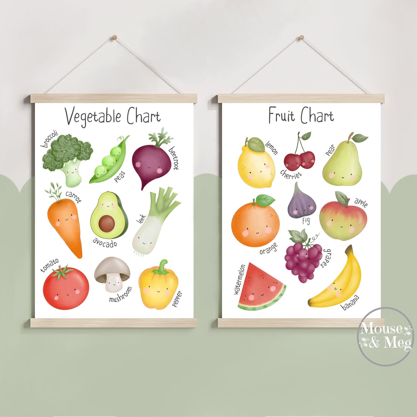 Set of 2 - Fruit & Vegetable Chart Prints